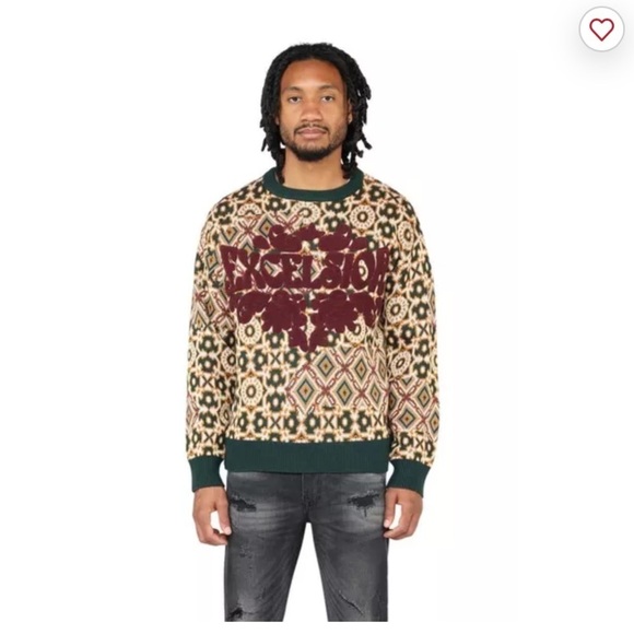 Smoke Rise Cotton Hoodie Tapestry Jacquard Knit Top Green Gold Fairisle Sz XL - Picture 10 of 10